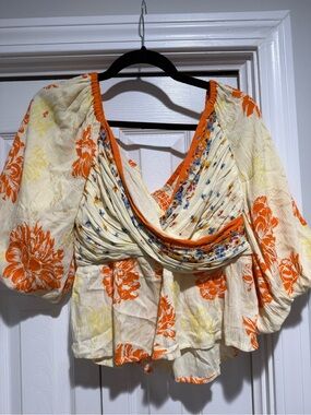 Free People Cream Blouse with Bold Orange Floral Print